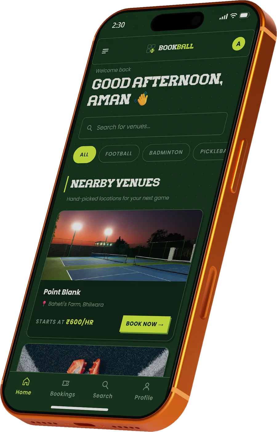 The Book Ball app on an iPhone, showing nearby venues with photos, hourly prices and a Book now button.